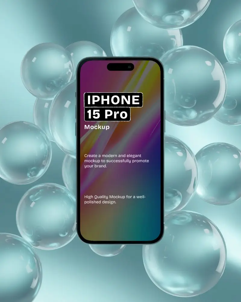 Iphone 15 Pro Mockup Floating Amidst Clear Bubbles In Pastel Background