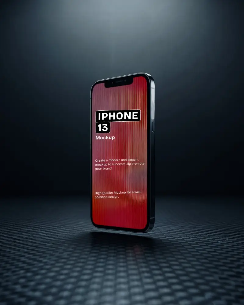 Iphone 13 Display Mockup Against Minimal Dark Backdrop With Reflective Base