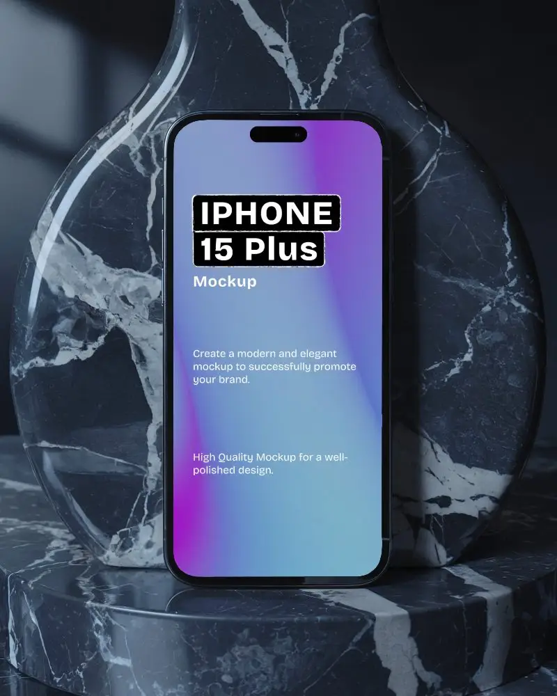 Premium Iphone 15 Plus Mockup Against Veined Stone In Studio Lighting