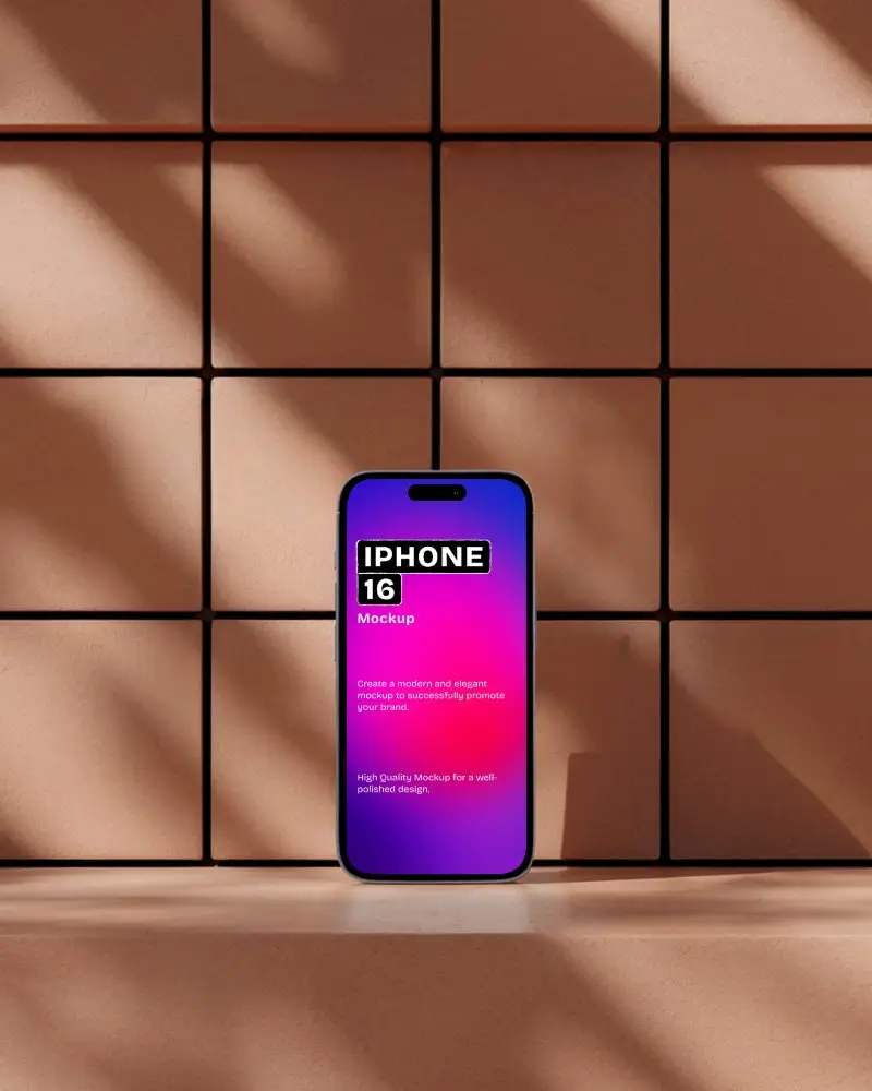 Photorealistic Iphone 16 Mockup Standing Against Geometric Tiled Wall