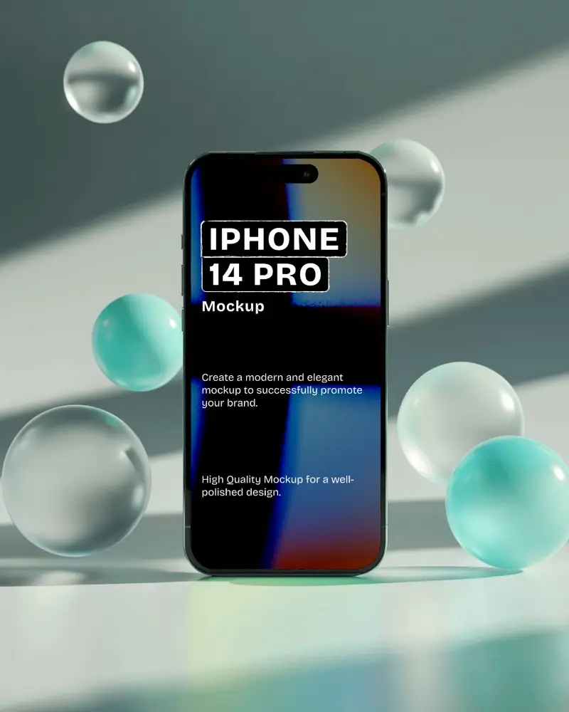 Vibrant Iphone 14 Pro Mockup Surrounded By Glowing Spheres On Mint Backdrop