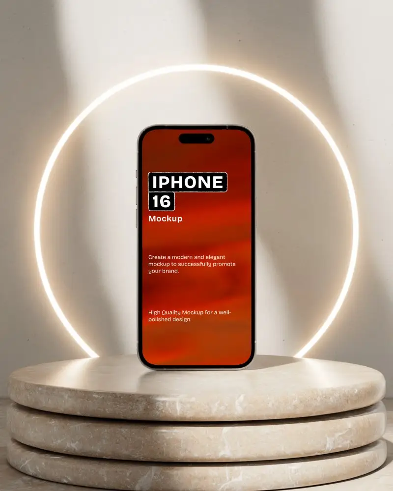 Elegant Iphone 16 Mockup Framed By Circular Halo In Warm Stone Scene