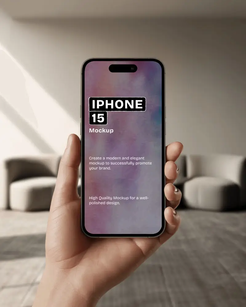 Iphone 15 Mockup In Hand With Soft Lighting And Modern Lounge Background