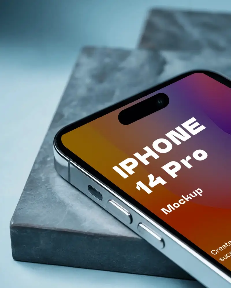 Angled Closeup Iphone 14 Pro Mockup On Marble Blocks Metallic Edges With Vibrant Screen
