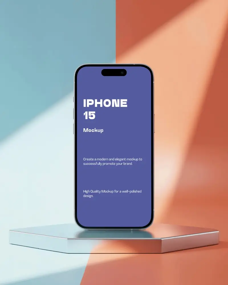 Centered Iphone 15 Mockup Standing Upright On Hexagonal Podium Under Spotlight