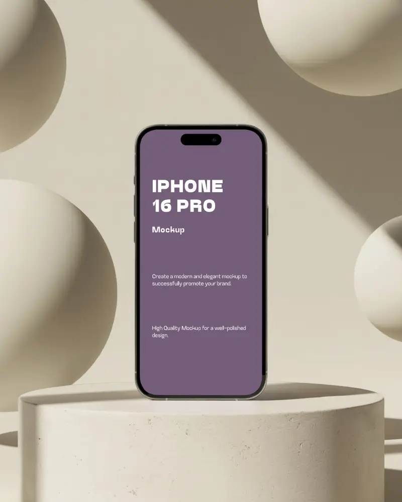 Iphone 16 Pro Mockup Elevated On Round Podium With Spherical Decor And Clean Aesthetic