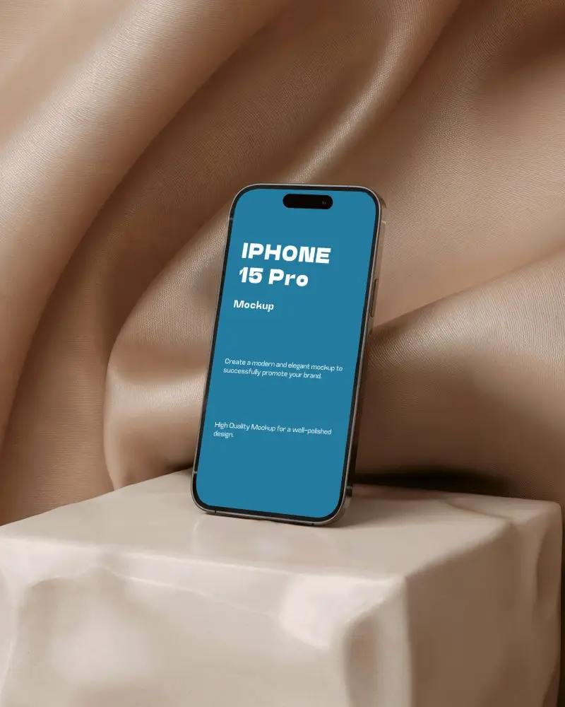 Modern Iphone 15 Pro Mockup In Warm Toned Studio With Elegant Textile Folds