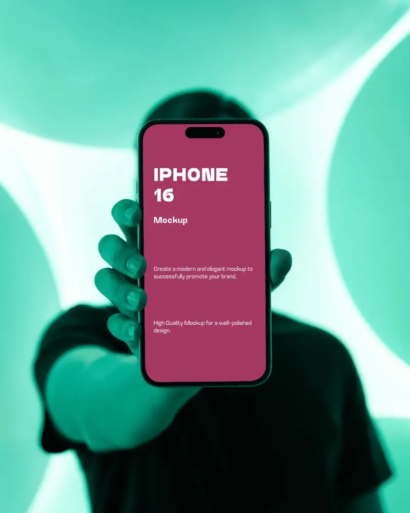 Immersive Iphone 16 Mockup Hand Demonstration Against Dynamic Lighting Pattern