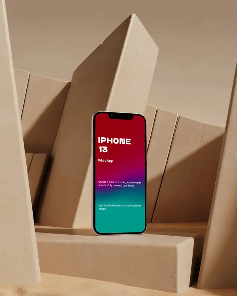Premium Iphone 13 Mockup Against Geometric Beige Blocks In Minimalist Setting