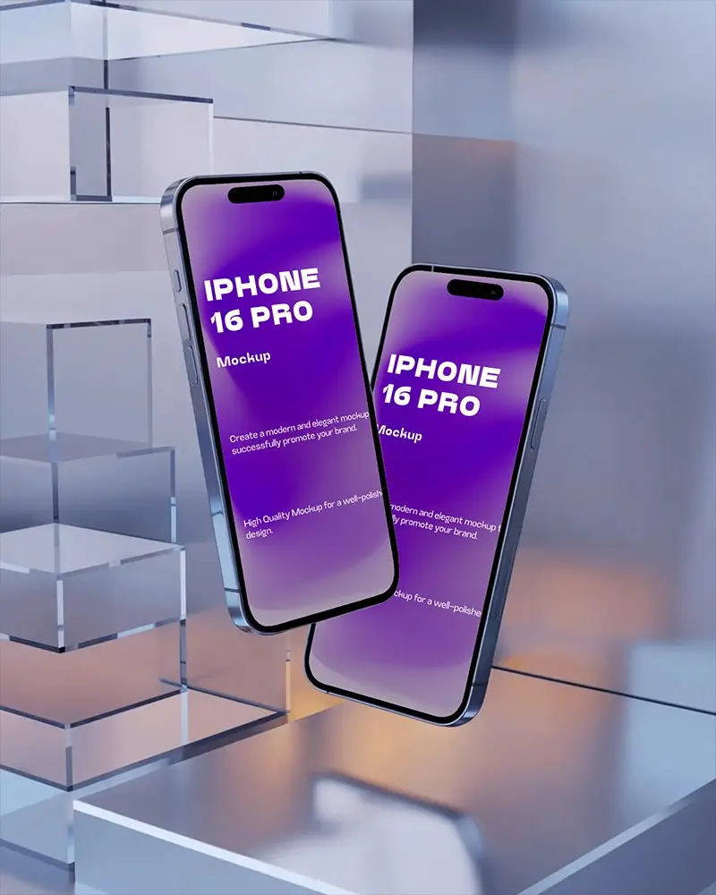 Premium Dual Iphone 16 Pro Mockup With Reflective Glass Cubes And Soft Lighting