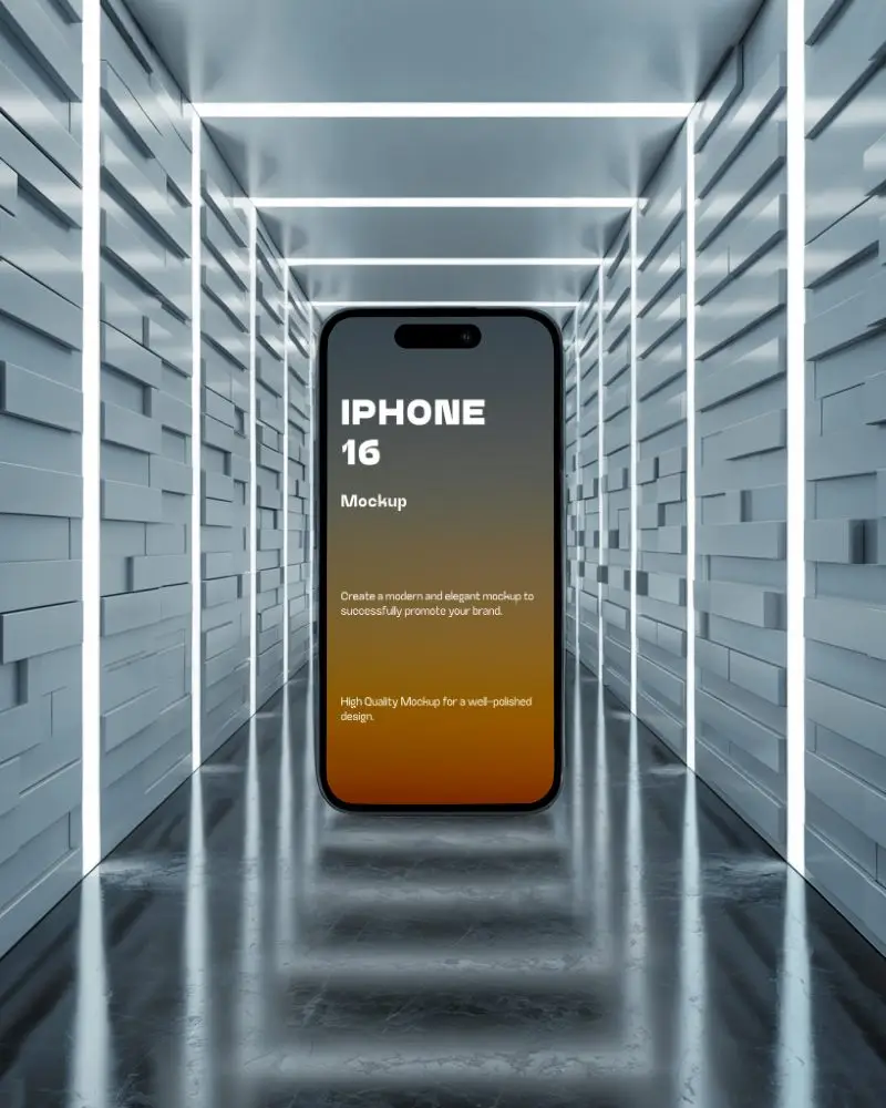 Iphone 16 Mockup Centered In Futuristic Led Tunnel With Metallic Wall Textures