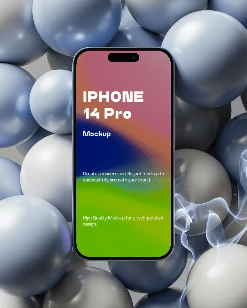 Iphone 14 Pro Mockup Front View With Floating Metallic Spheres And Soft Smoke Effects