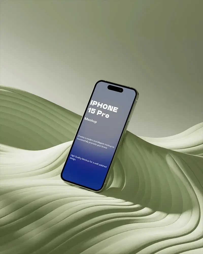 Sleek Iphone 15 Pro Display Mockup On Textured Rippled Background In Olive Tones