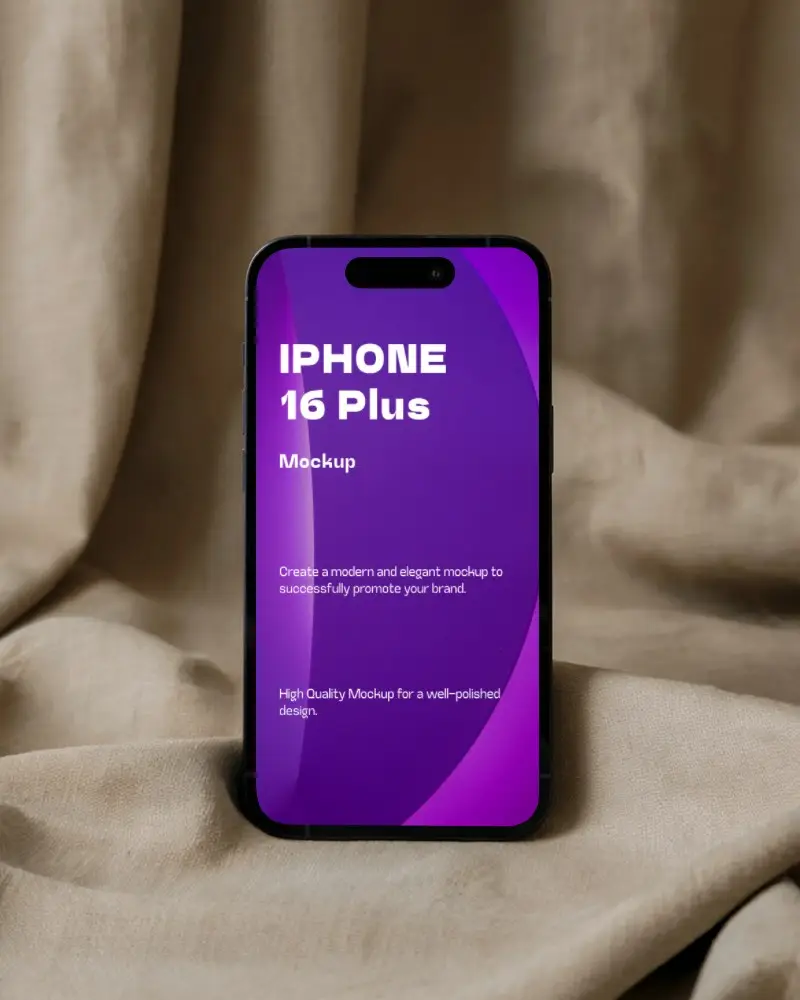 Iphone 16 Plus Mockup Front View On Draped Beige Fabric In Soft Studio Light