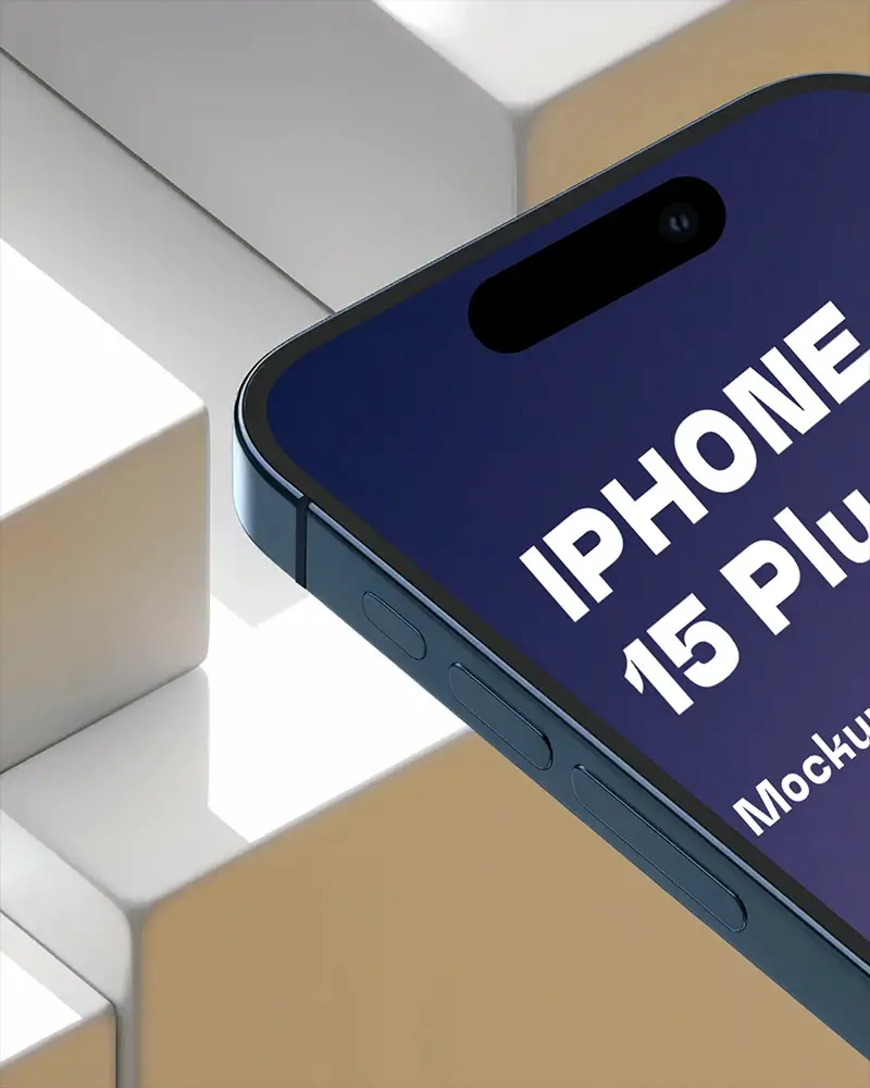 Iphone 15 Plus Closeup Mockup On Architectural White And Beige Cube Surface