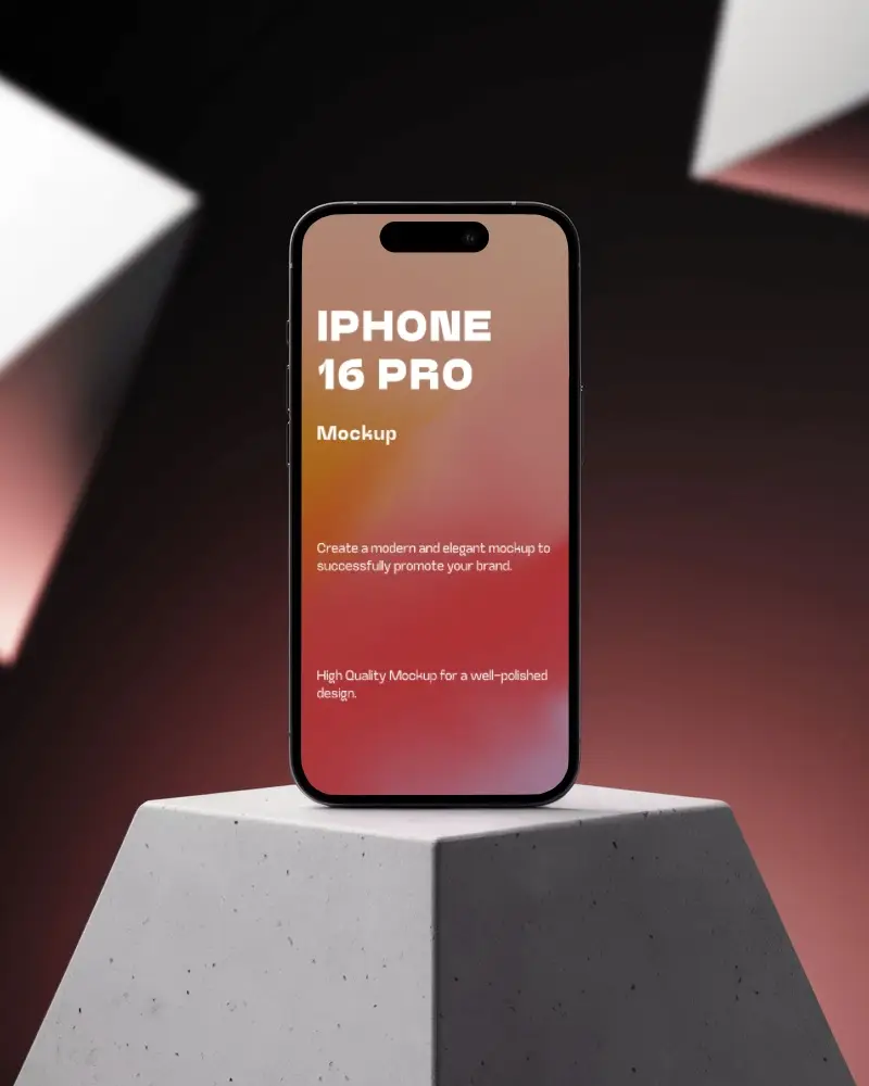Iphone 16 Pro Mockup Front View On Concrete Pedestal With Dark Studio Lighting