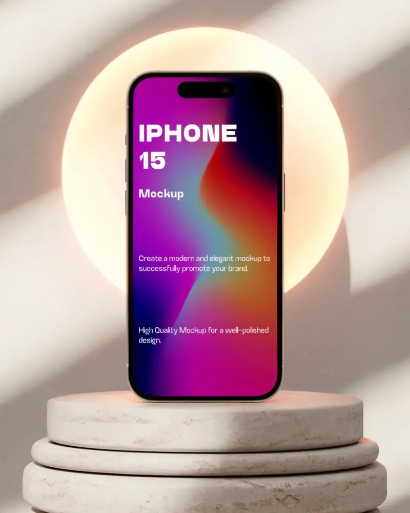 Modern Iphone 15 Mockup In Center Of Glow Circle On Layered Marble Stand