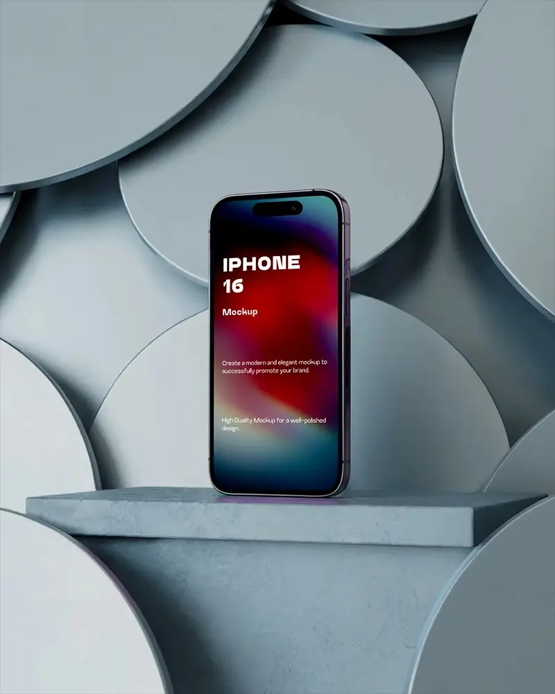 Iphone 16 Mockup Front View On Blue Pedestal With Layered Disc Background