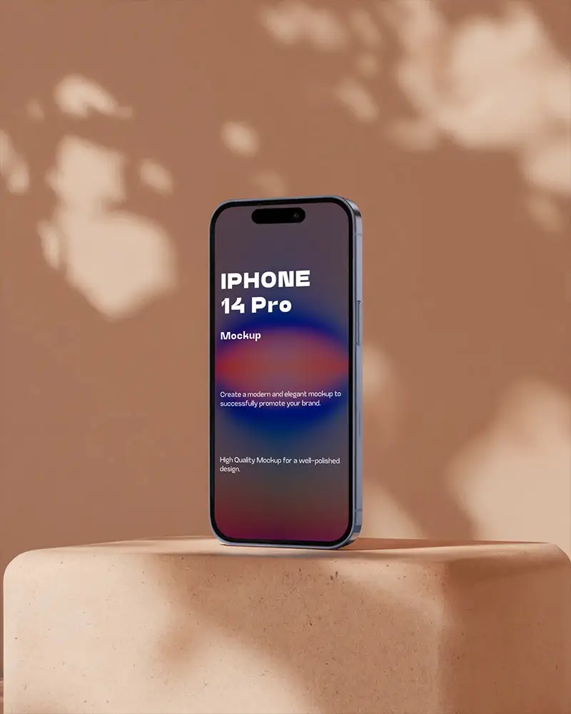 Premium Iphone 14 Pro Mockup In Earth Tone Setting With Leaf Light Reflections