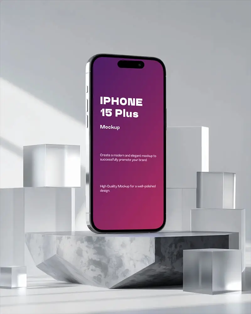 Modern Iphone 15 Plus Display Mockup In Minimalist Setting With Translucent Blocks