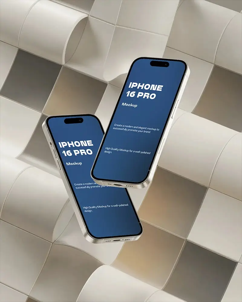 Dual Iphone 16 Pro Mockup Floating Over Wavy Tile Background In Light Studio