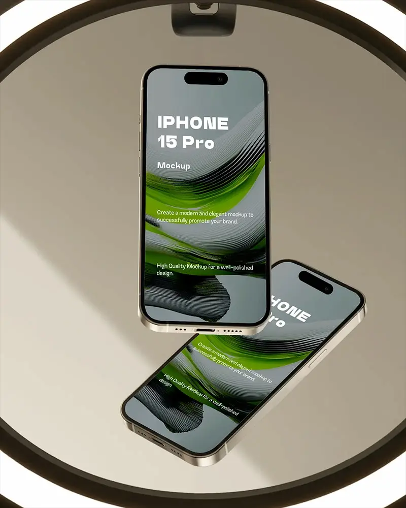 Iphone 15 Pro Mockup Dual Device Floating Inside Round Lit Mirror Modern Aesthetic