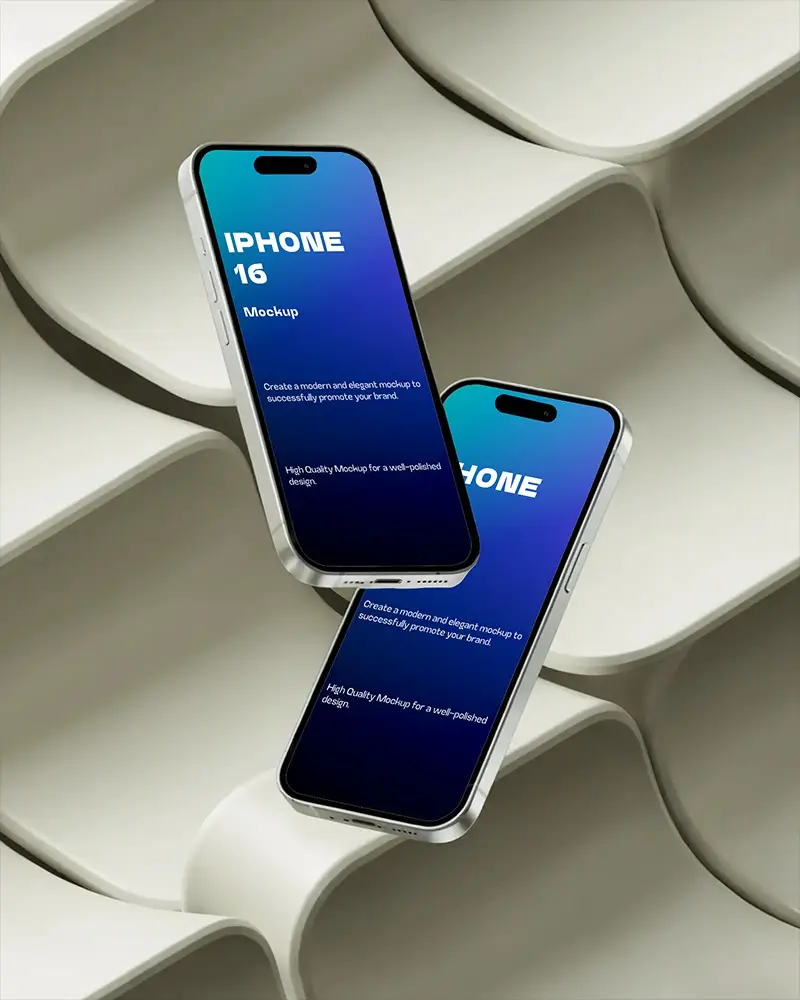 Floating Iphone 16 Mockup Dual Devices Over Modern Wavy Architectural Backdrop