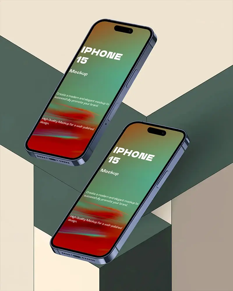 Floating Iphone 15 Mockup Twin Devices Over Abstract Geometric Blocks