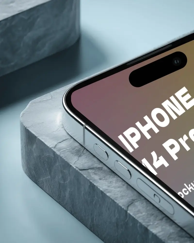 Elegant Closeup Iphone 14 Pro Mockup Metal Frame Highlight On Concrete Texture