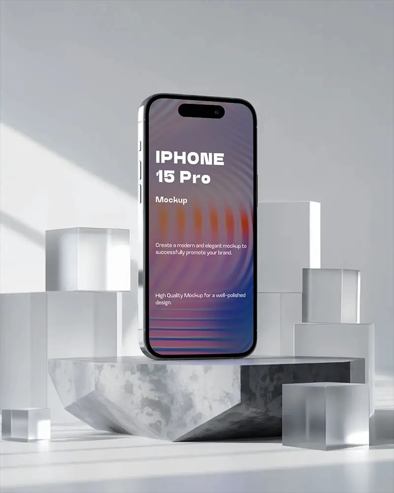 Artistic Iphone 15 Pro Mockup Elevated Display With Translucent Glass Blocks