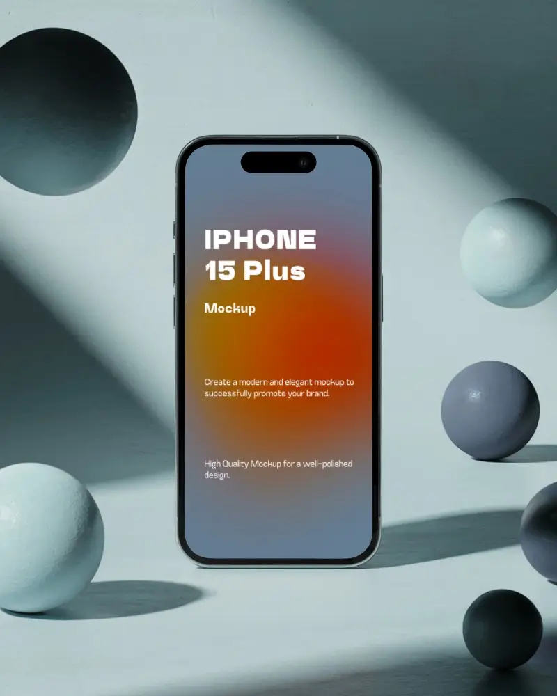 Iphone 15 Plus Mockup Front View Amid Shadowed Spheres On Muted Blue Surface
