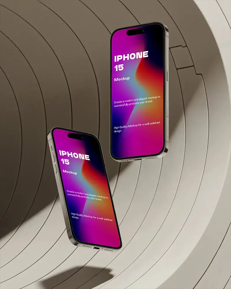 Premium Iphone 15 Mockup Duo In Motion Against Sculptural Circular Scene