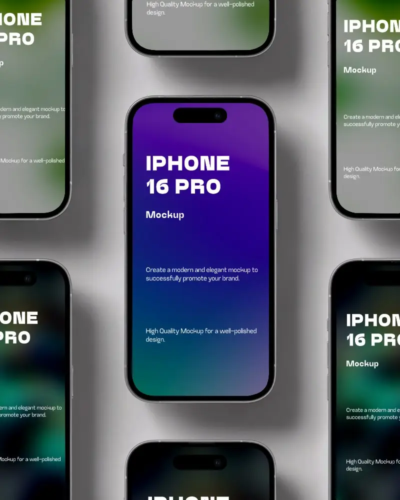 Futuristic Iphone 16 Pro Mockup Group Layout On Sleek Silver Backdrop