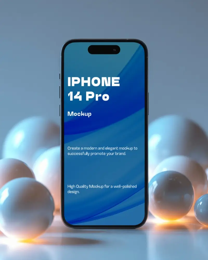 Futuristic Iphone 14 Pro Mockup Surrounded By Glowing Glass Balls In Studio