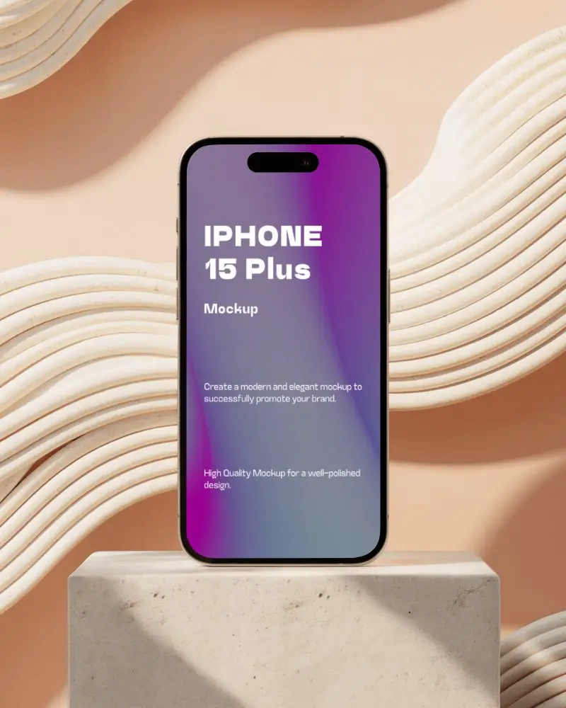 Aesthetic Iphone 15 Plus Mockup Centered On Plinth Against Curved Cream Surface