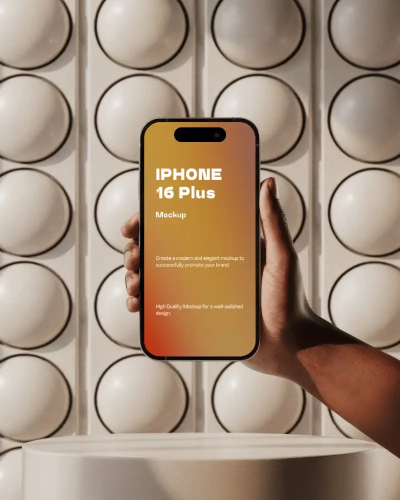 Hand Holding Iphone 16 Plus Mockup In Front Of Geometric Dome Wall Background