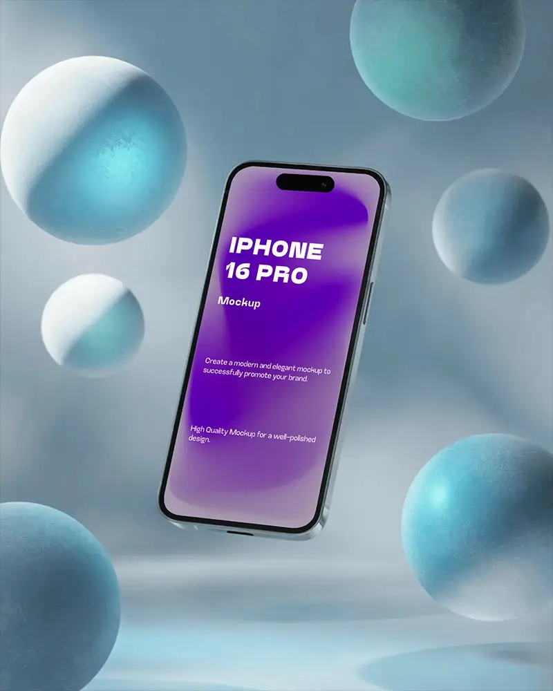 Floating Iphone 16 Pro Mockup In Futuristic Blue Environment With Glowing Spheres