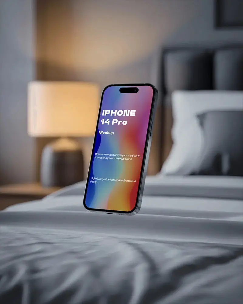 Cozy Bedroom Iphone 14 Pro Mockup Floating On White Bed Linens