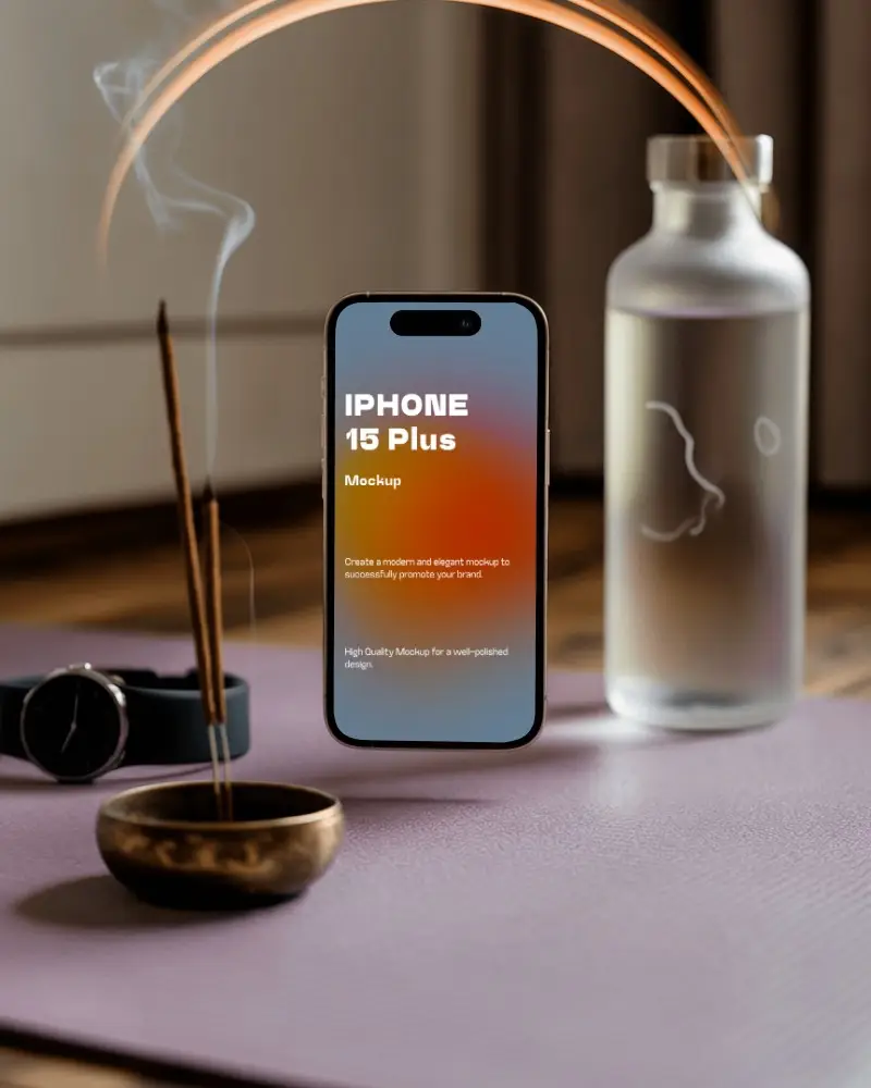Zen Inspired Iphone 15 Plus Mockup In Holistic Meditation Space