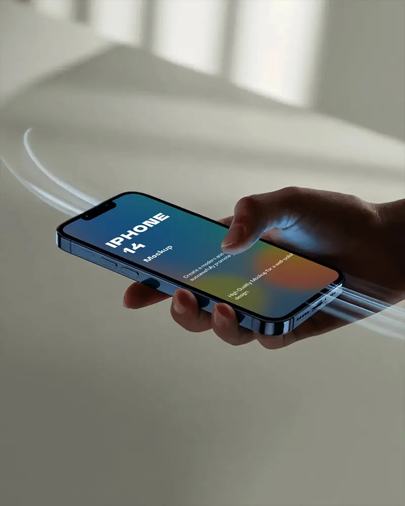 Futuristic Iphone 14 In Hand With Motion Blur Background