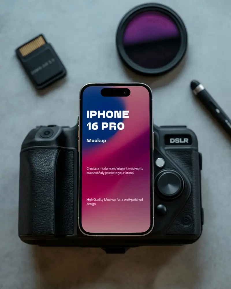 Iphone 16 Mockup Centered On Camera Flatlay Studio Scene