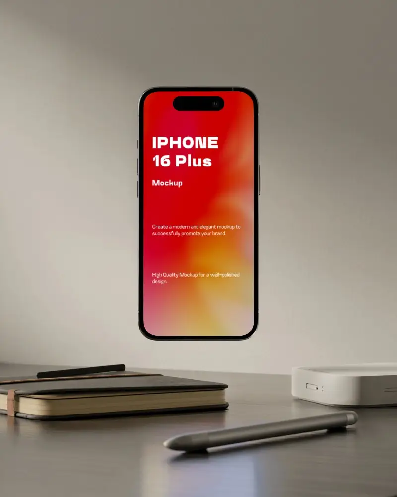 Floating Iphone 16 Plus Above Modern Office Setup