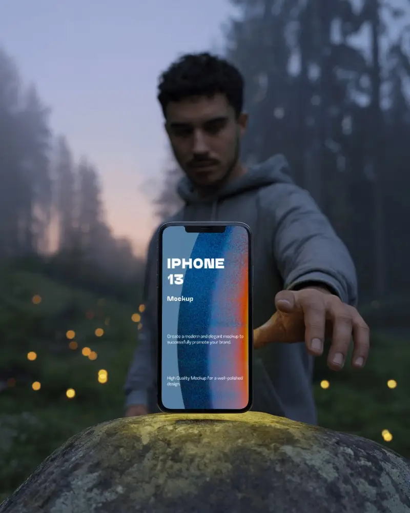 Iphone 13 Mockup In Mystical Forest Male Hand Hovering Over Phone On Rock Enchanted Dusk Background