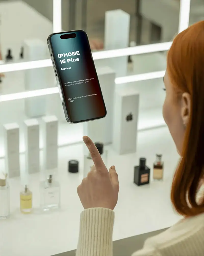 Levitating Iphone 16 Plus Mockup In Beauty Store Redhead Woman Pointing Phone Cosmetics Display Background