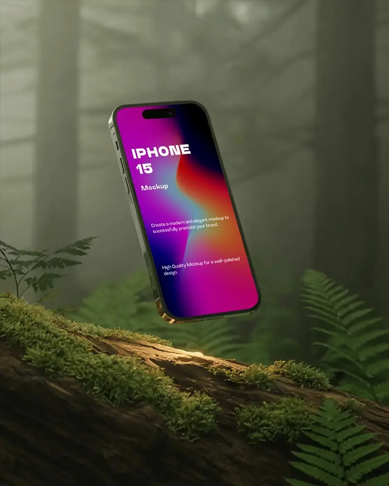 Floating Iphone Mockup In Misty Forest Scene Natural Lighting On Mossy Log For Organic Branding