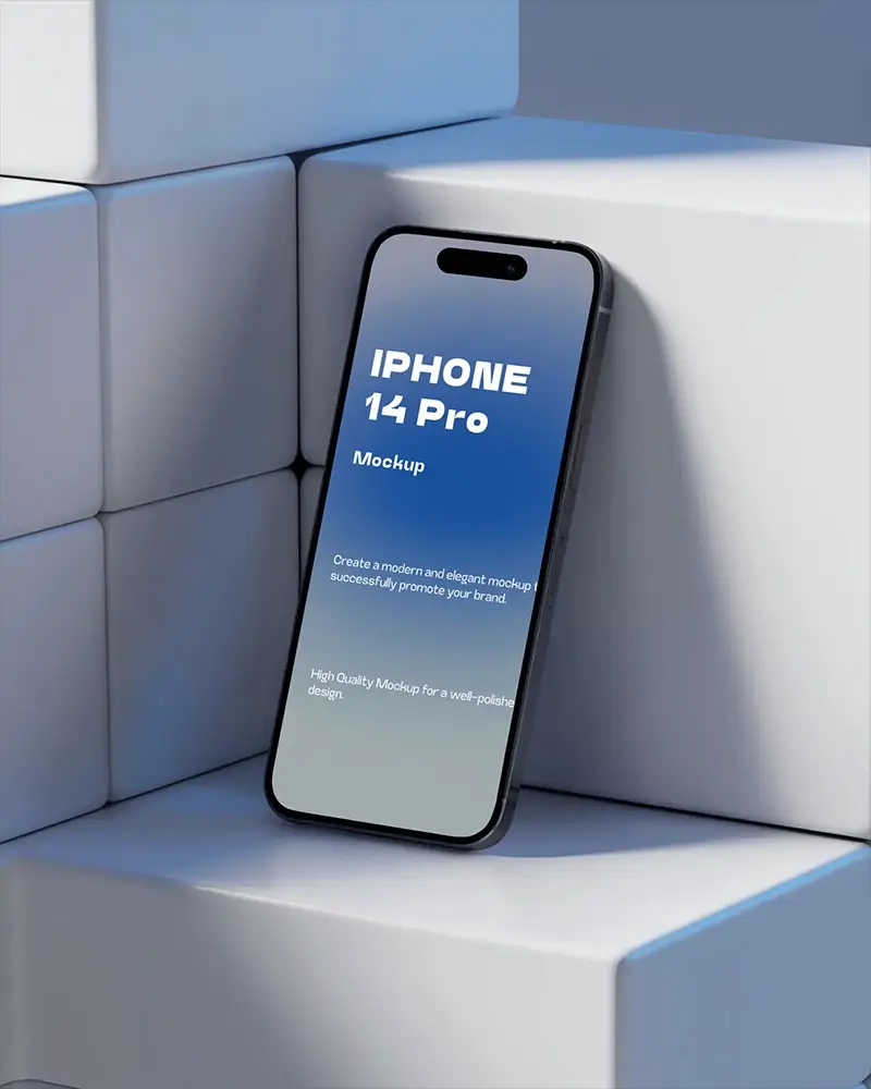 Sleek Iphone 14 Pro Mockup Leaning On Geometric White Cubes In Modern Blue Studio Lighting