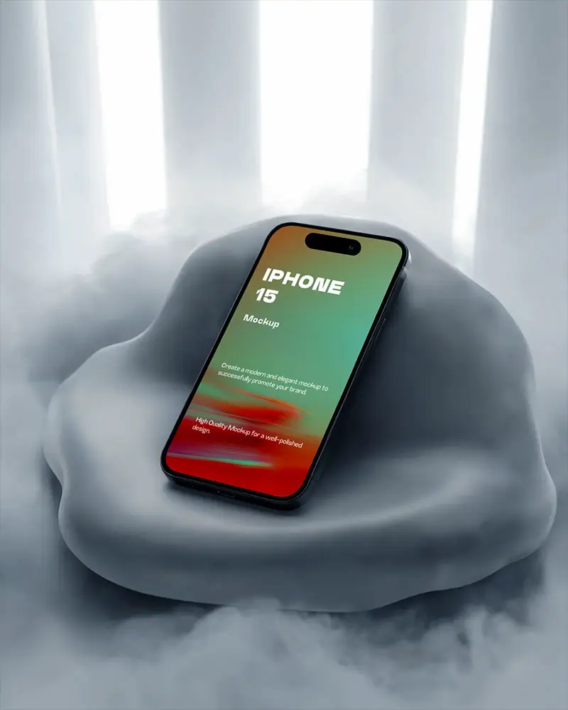 Futuristic Iphone 15 Mockup On Sculpted White Pedestal With Surrounding Fog And Neon Lights