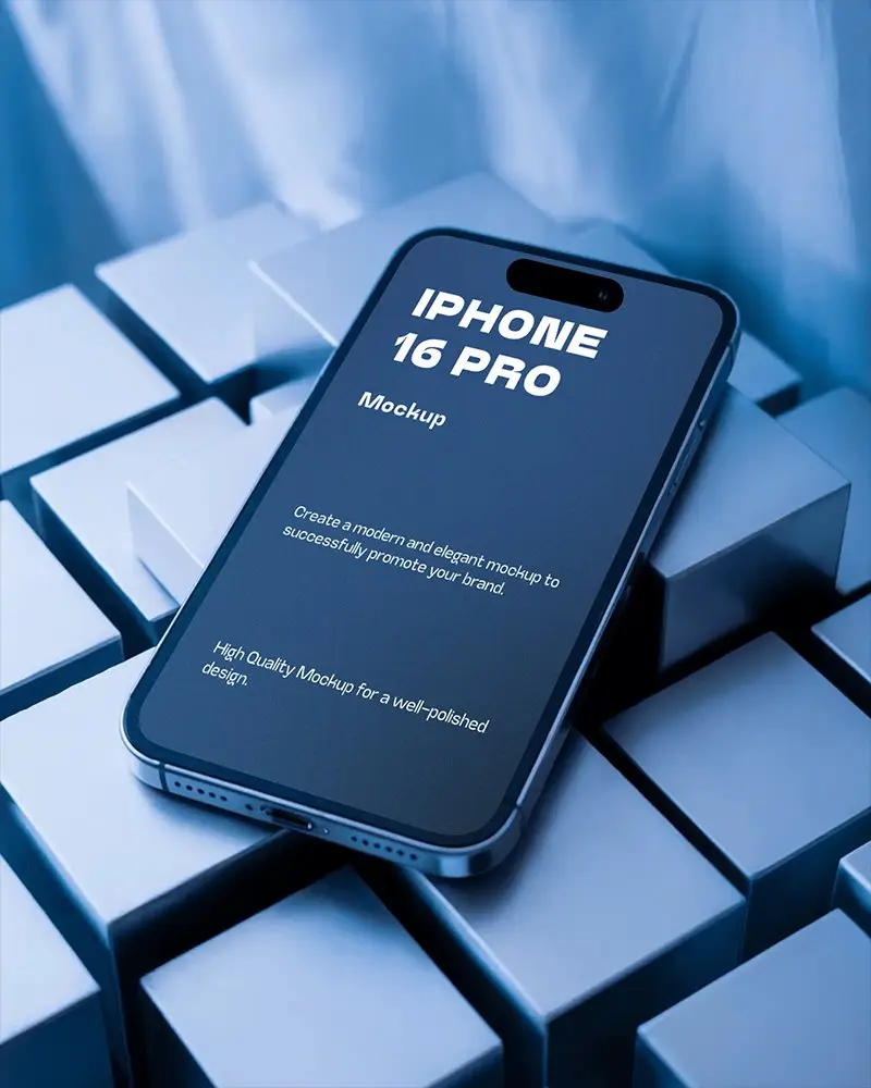 Iphone 16 Pro Mockup Flat Lay On Metal Cube Surface With Sleek Tech Inspired Aesthetic