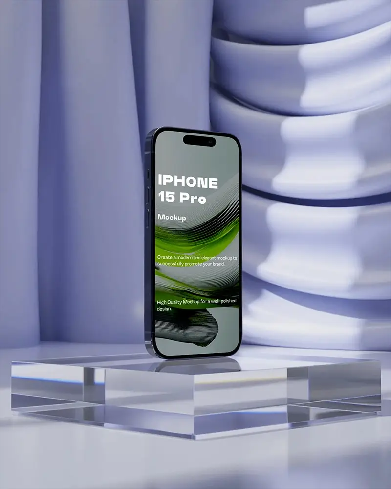 Premium Iphone 15 Pro Mockup On Transparent Podium With Abstract Curtain Background And Glow