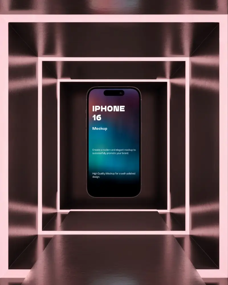 Futuristic Iphone 16 Mockup Centered In Metallic Pink Light Tunnel With Symmetrical Frame Depth
